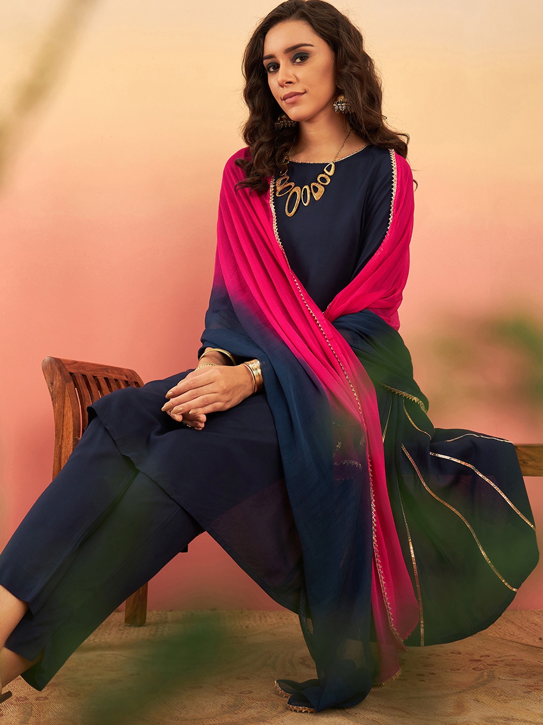 

Sangria Panelled Gotta Patti Kurta with Trousers & Dupatta, Navy blue