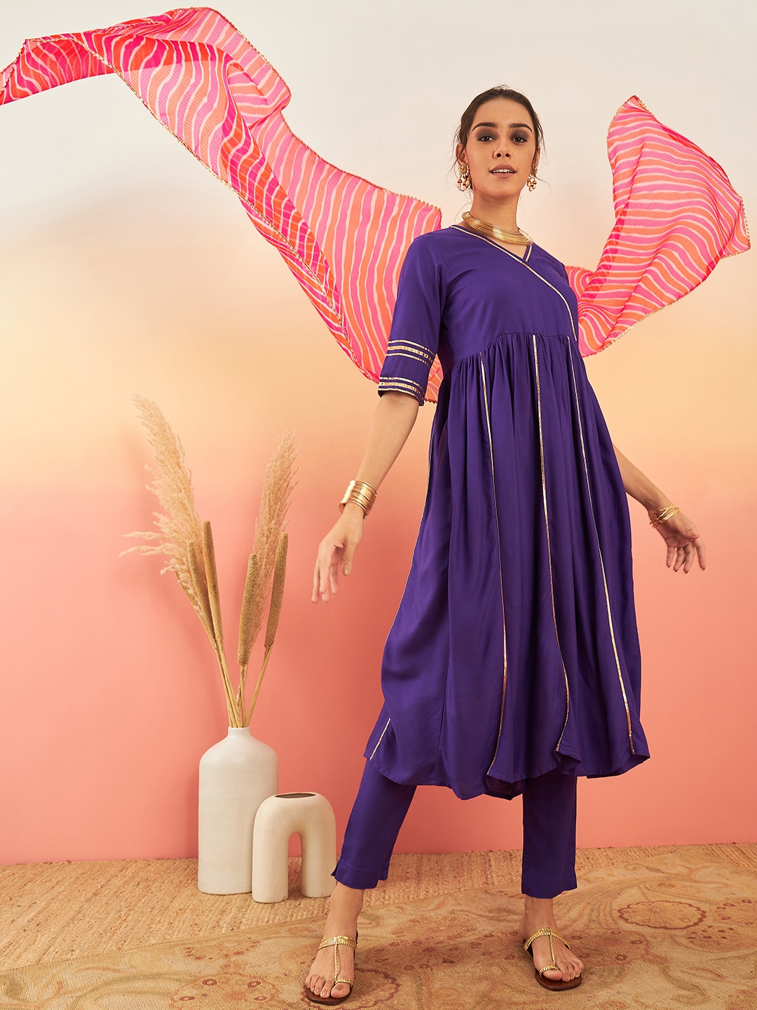 

Sangria Angrakha Gotta Patti Kurta with Trousers & Dupatta, Purple