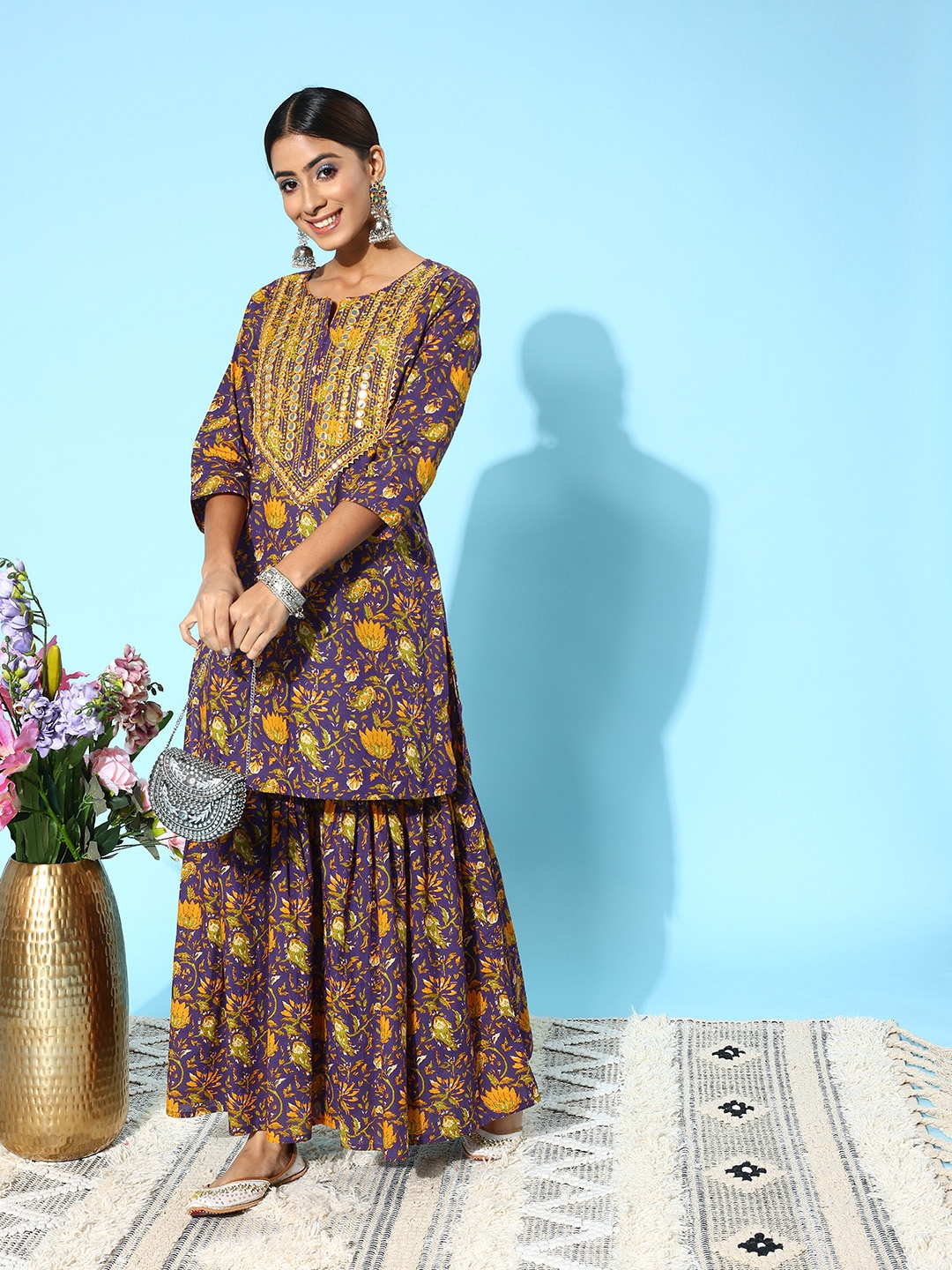 

Sangria Women Floral Printed Regular Mirror Work Pure Cotton Kurta with Sharara, Lavender