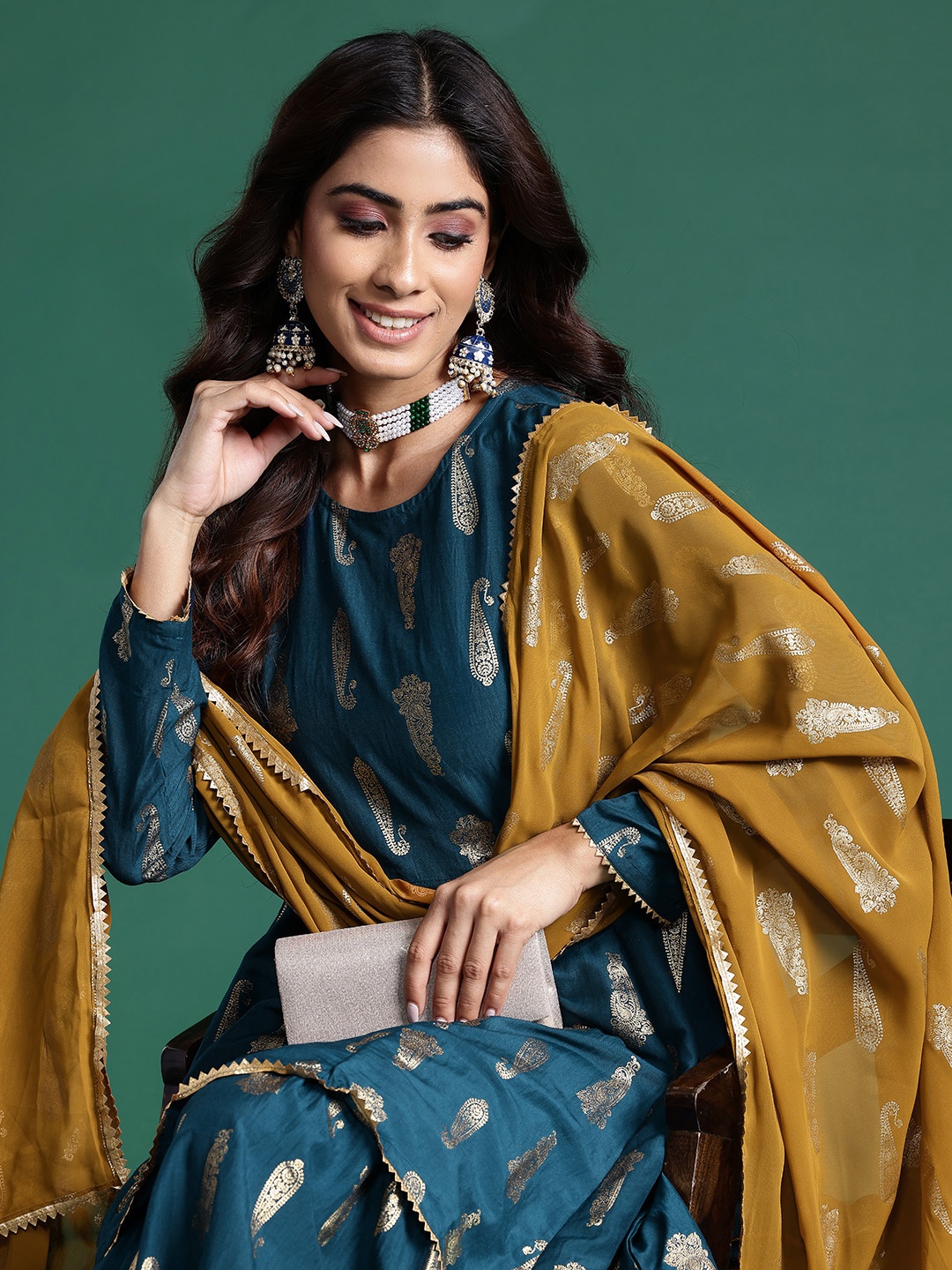 

Sangria Gotta-Patti Detailed Foil Printed Kurta with Sharara & Dupatta, Teal