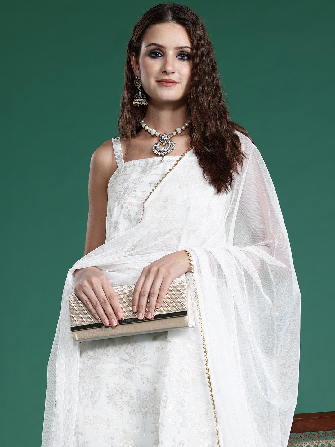 

Sangria Women Ethnic Motifs Printed Gotta Patti Kurta with Sharara & Dupatta, White