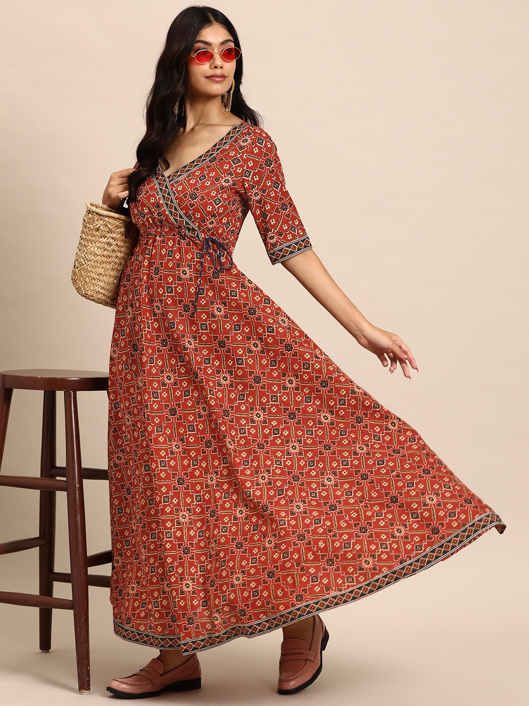

Sangria Pure Cotton Ethnic Motifs Printed A-Line Dress, Rust