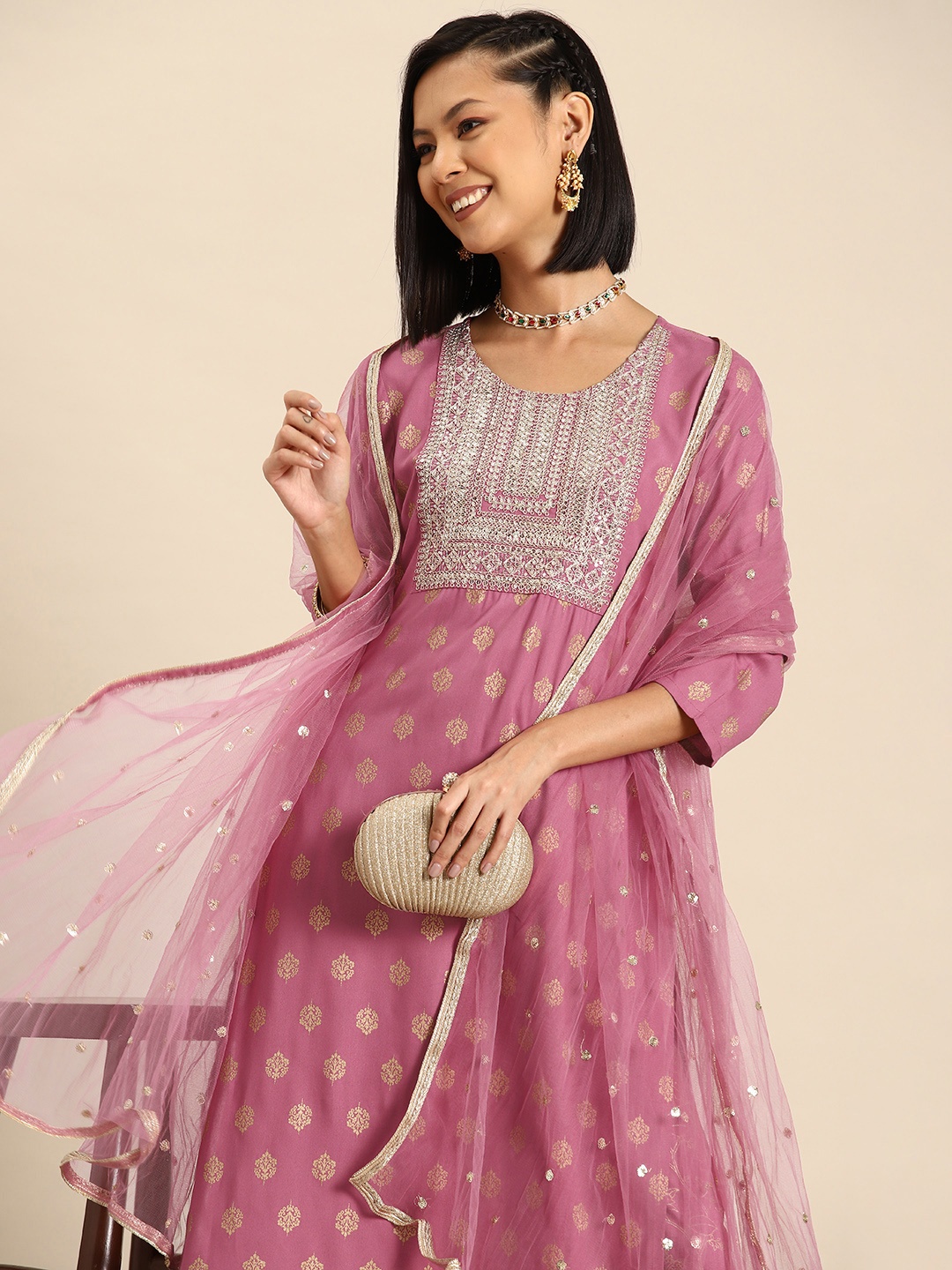 

Sangria Women Ethnic Motifs Printed Kurta with Trousers & Dupatta, Pink