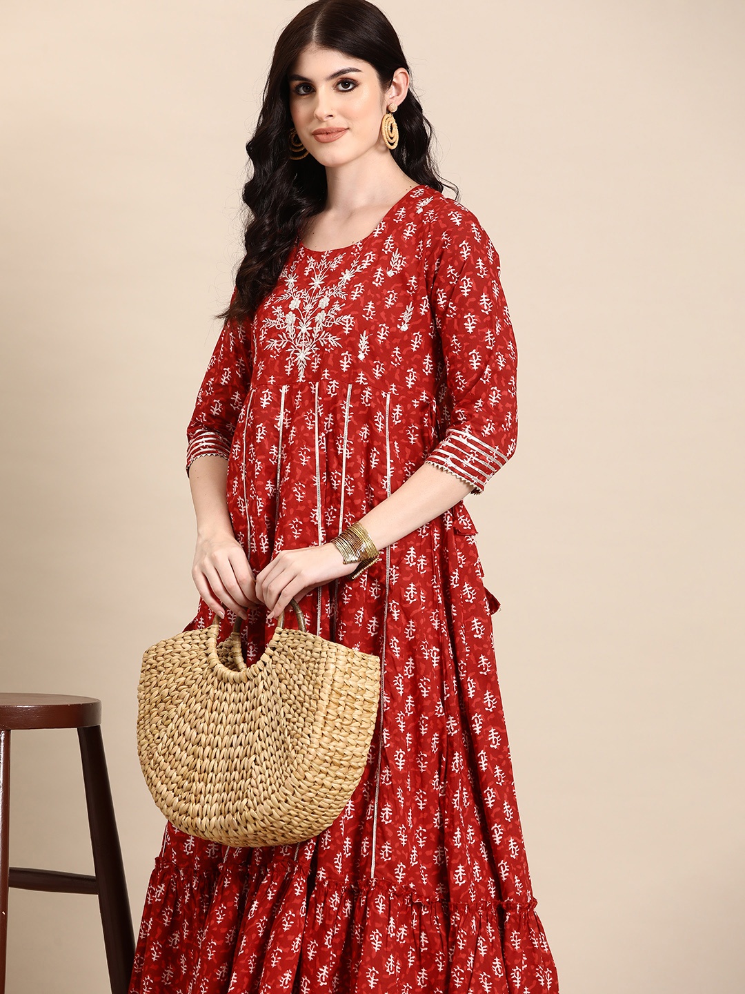 

Sangria Pure Cotton Ethnic Motifs Printed Mirror Work Kurta, Rust