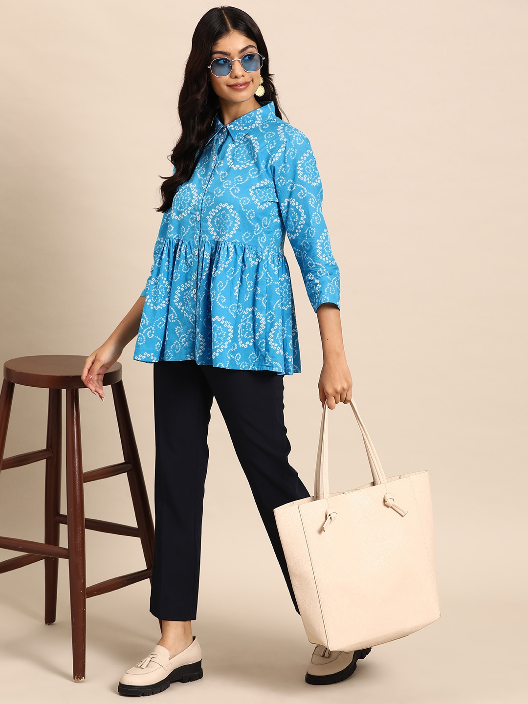

Sangria Pure Cotton Bandhani Print Shirt Style Top, Blue