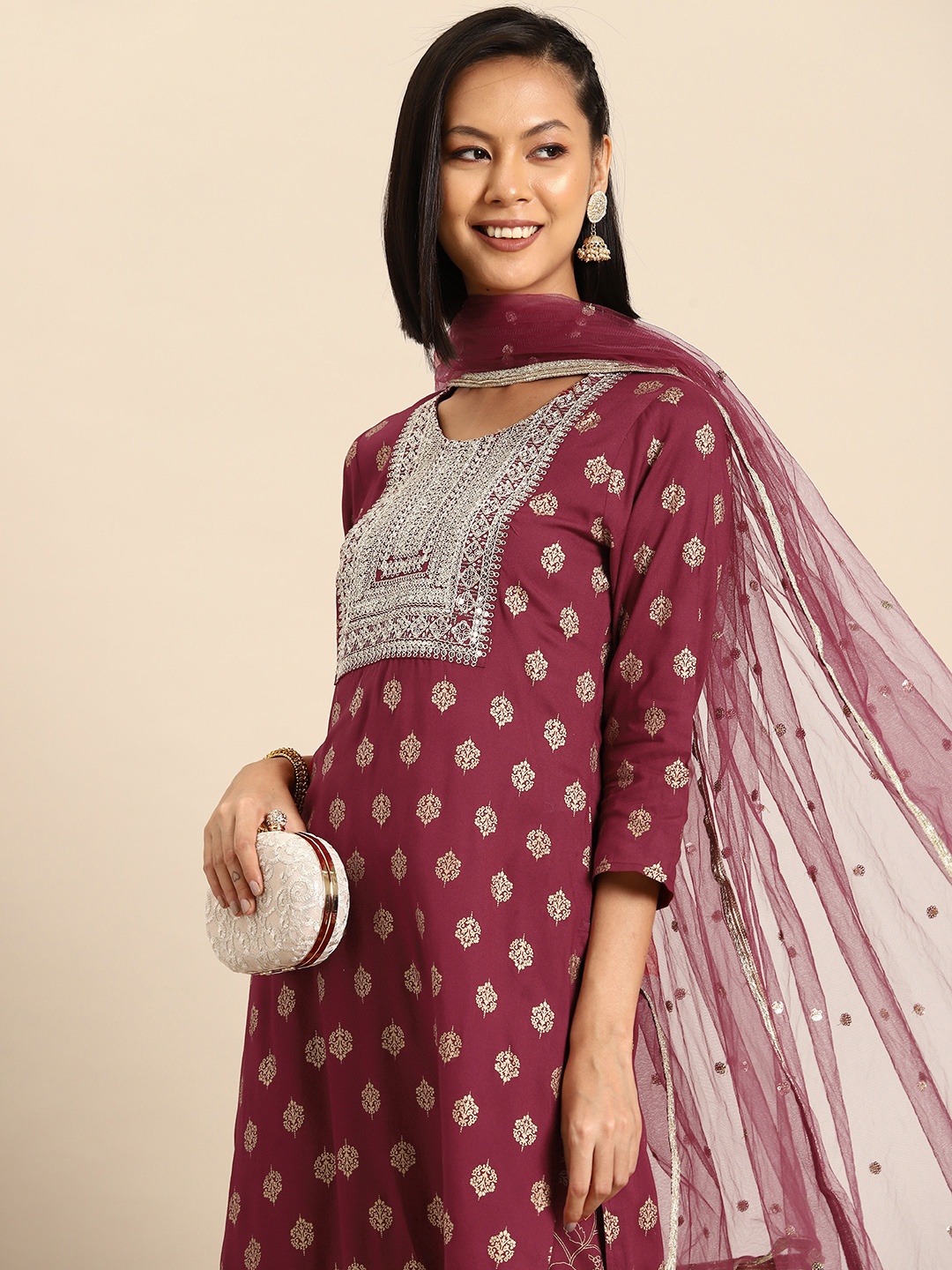 

Sangria Women Ethnic Motifs Printed Kurta with Trousers & Dupatta, Magenta