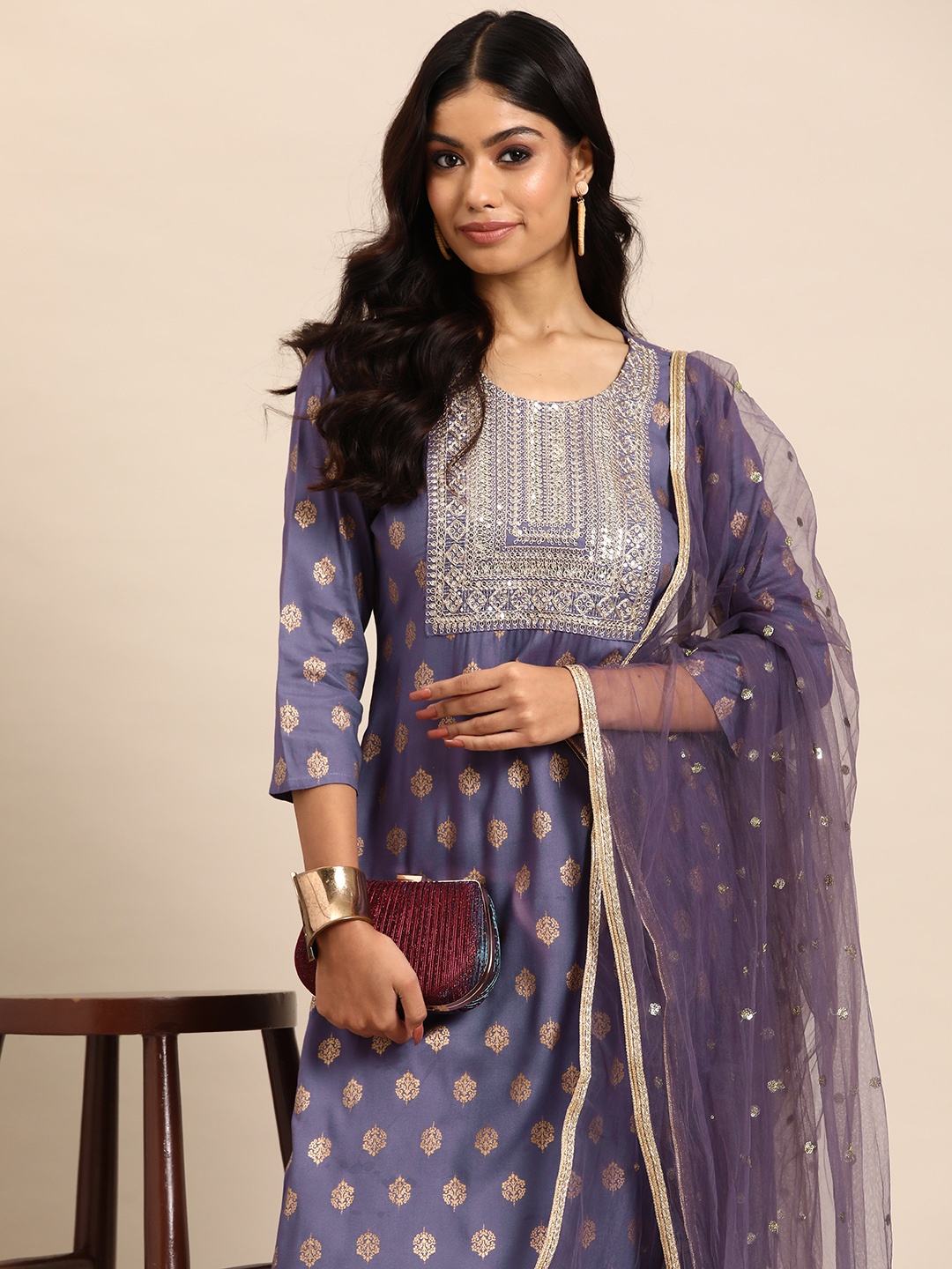 

Sangria Ethnic Motifs Printed Zari Kurta with Trousers & Dupatta, Purple