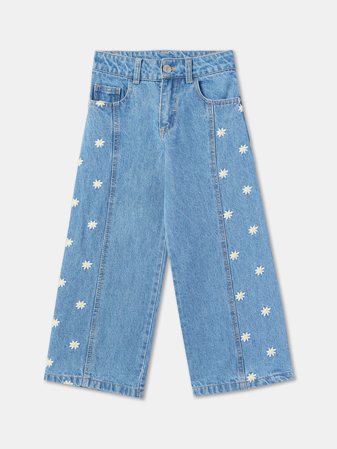 

R&B Girls Floral Embroidered Mid-Rise Clean Look Light Washed Jeans, Blue