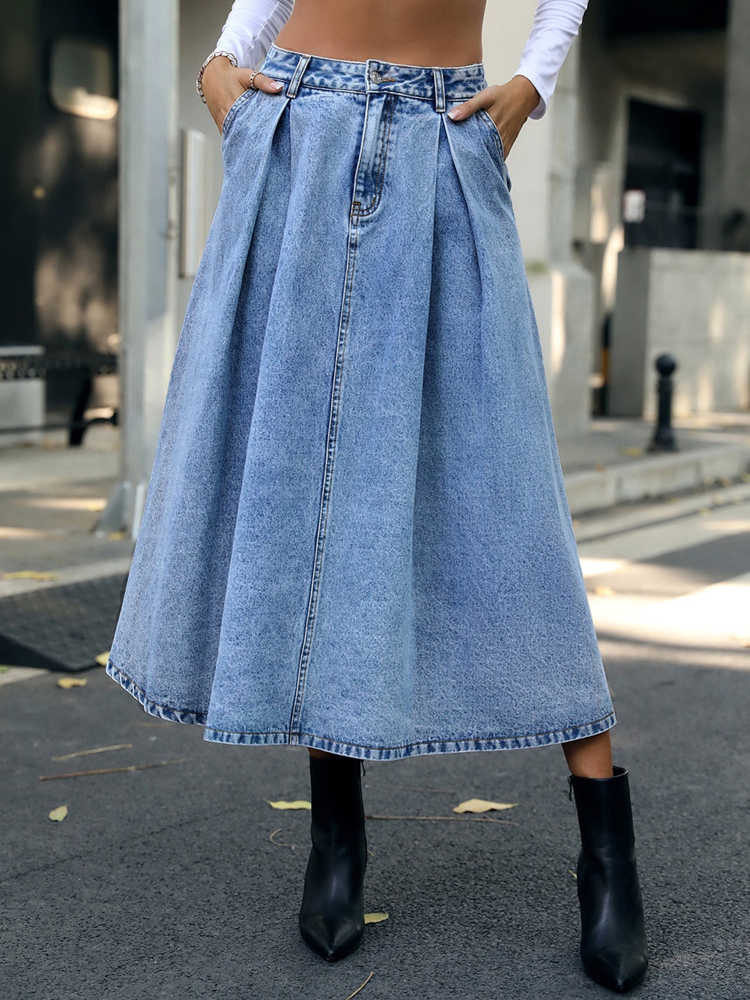 

BoStreet Frayed Denim Flared Midi Skirt, Blue