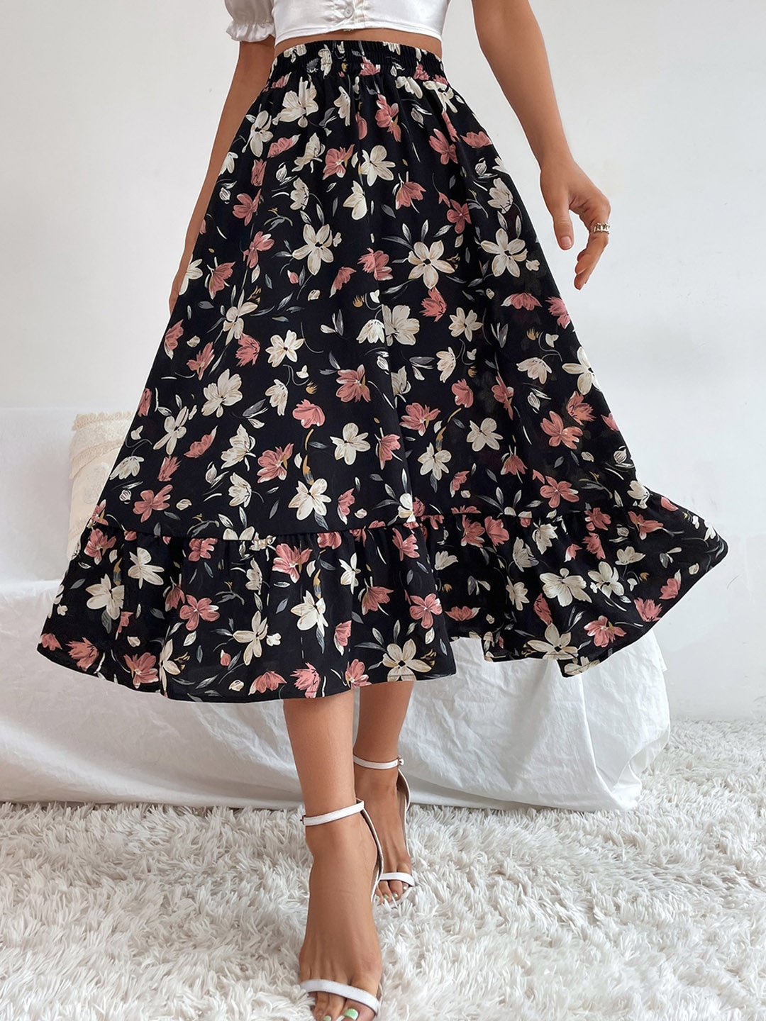 

StyleCast Women Floral Printed Flared Midi Skirt, Black