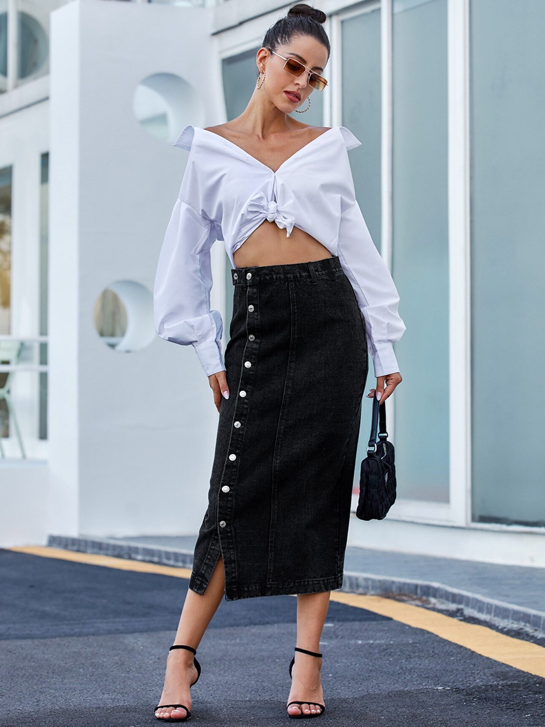 

BoStreet Black Denim Pencil Midi Skirt