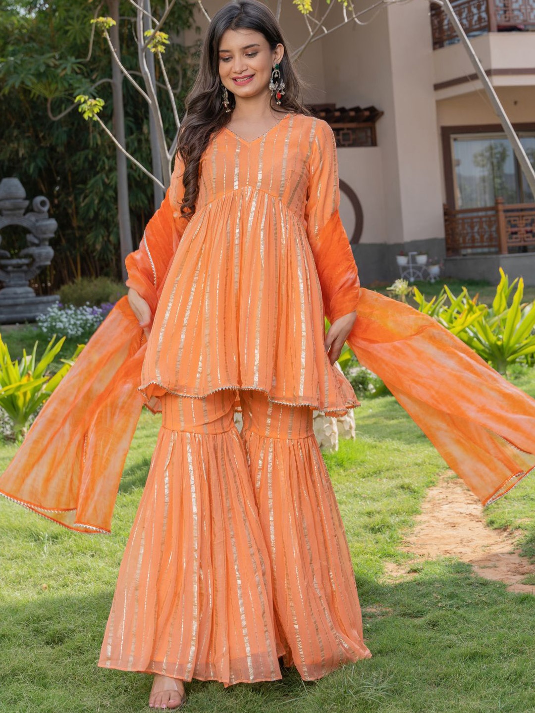 

HOUSE OF JAMOTI Striped Empire Kurta With Sharara & Dupatta, Peach