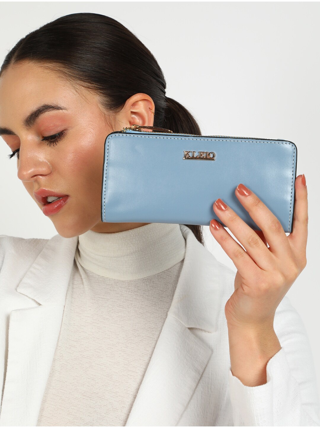 KLEIO Vegan Colorblocked Clutch Wallet with Card Slots, Blue