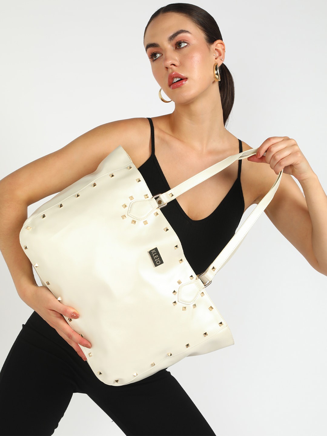 

KLEIO Studded Tote Shoulder Hand Bag For Women, Off white