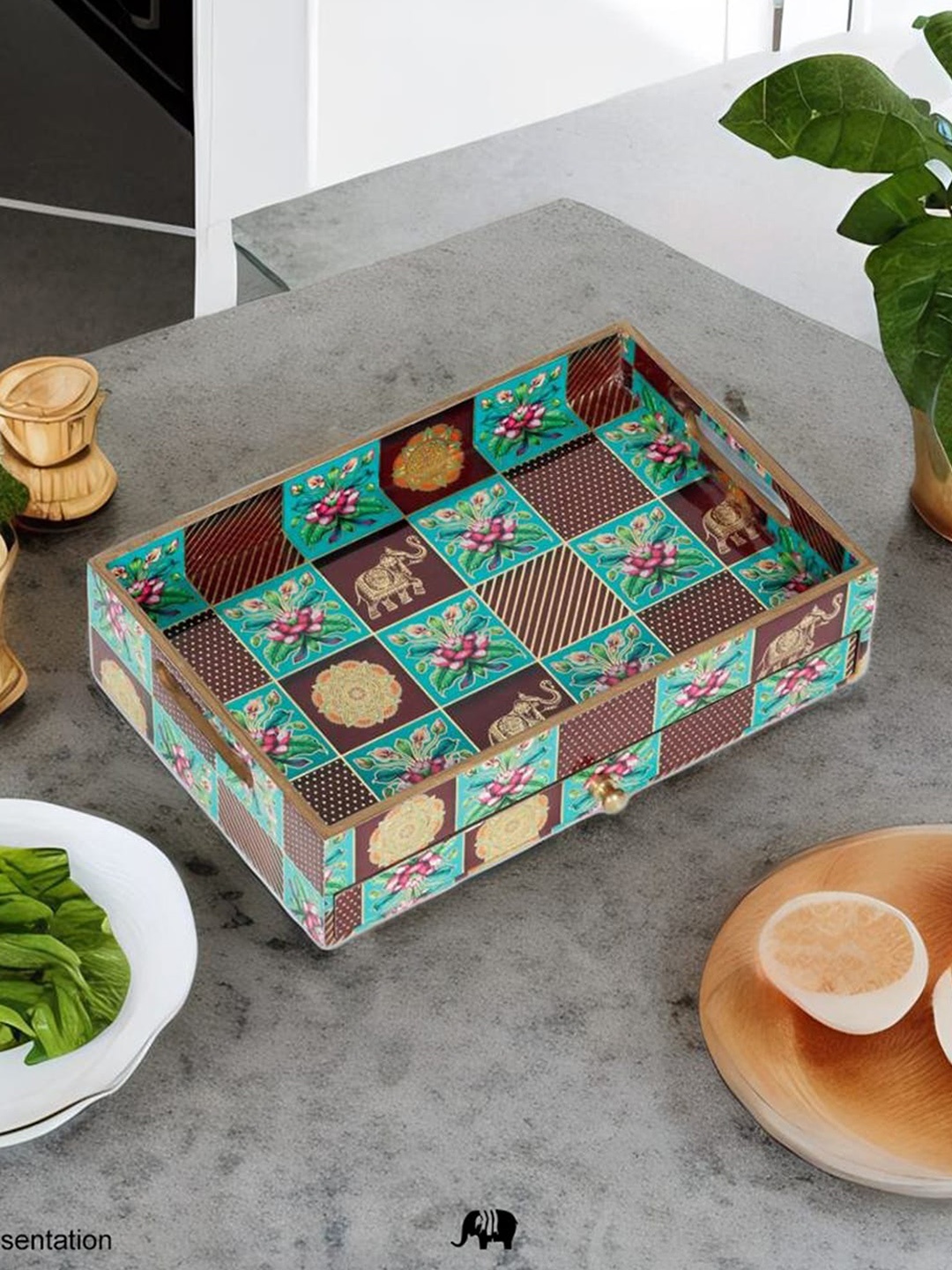 

CASA DECOR Green Printed Wooden Rectangle Enamel Tray