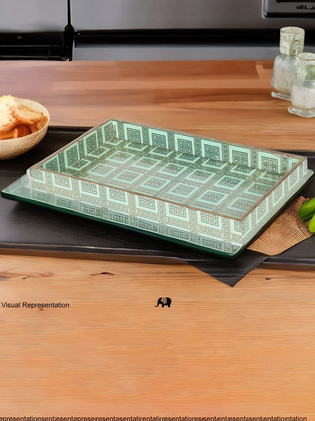 

CASA DECOR 3 Pcs Green Geometric Printed Serving Trays
