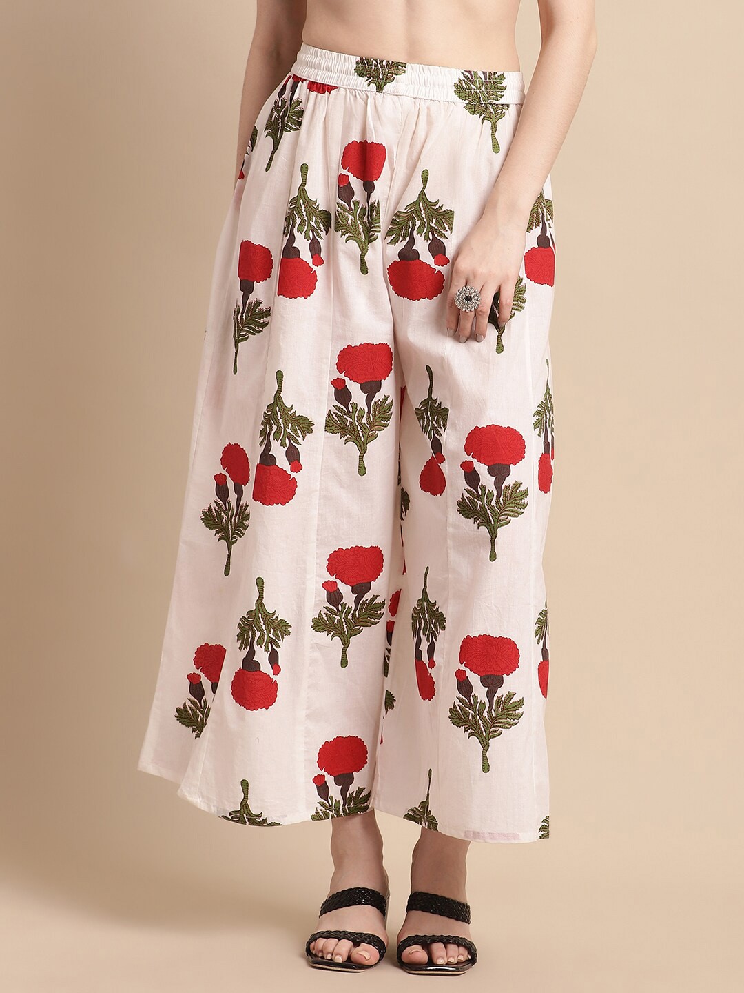 

Pistaa Women Floral Printed Cotton Flared Palazzos, Cream