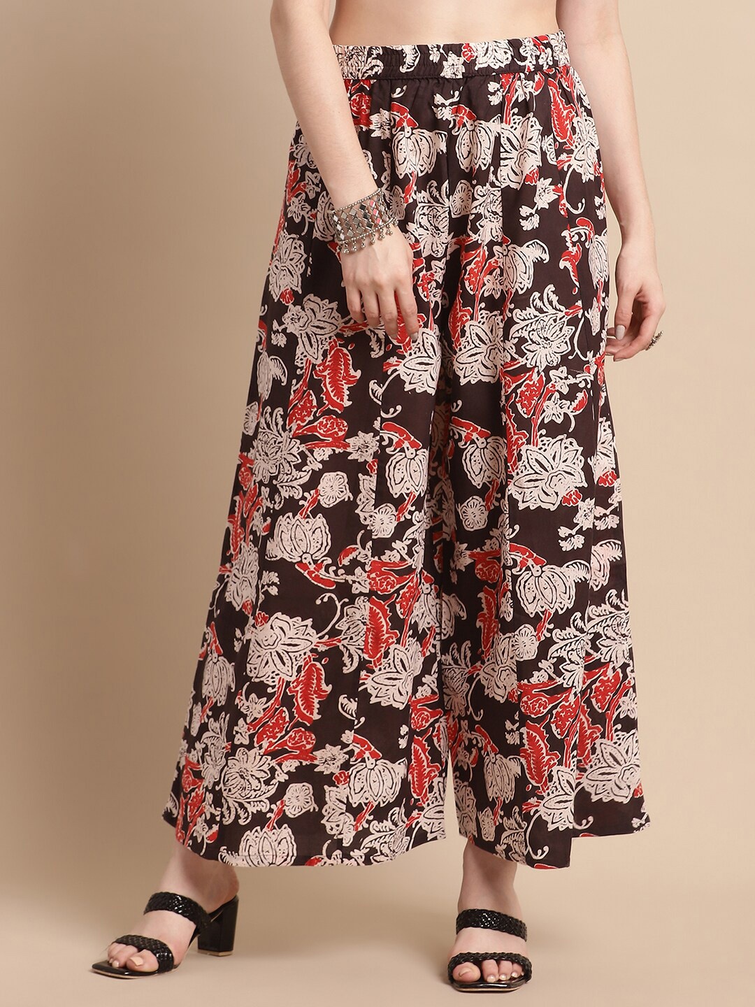 

Pistaa Floral Printed Flared Cotton Palazzo, Black