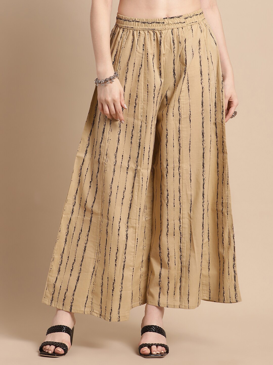 

Pistaa Printed Flared Cotton Palazzos, Brown