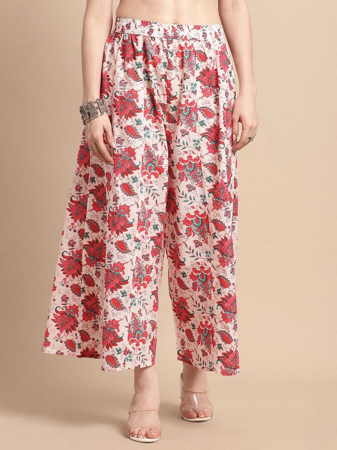 

Pistaa Women Floral Printed Cotton Flared Palazzos, Peach