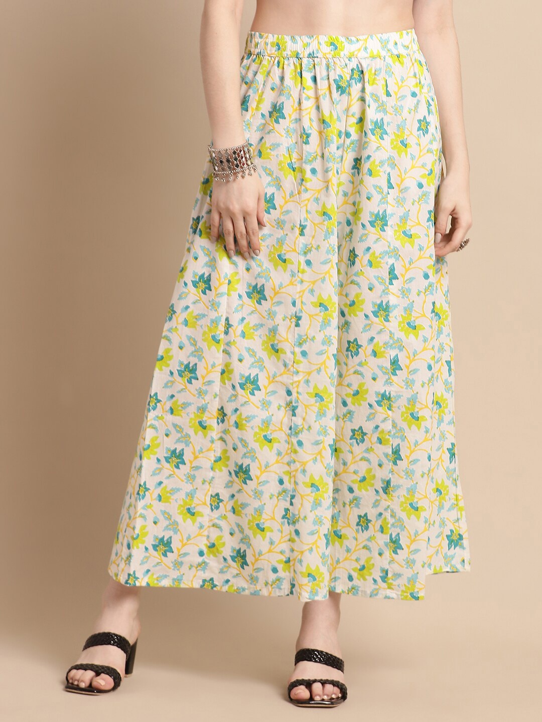 

Pistaa Floral Printed Flared Cotton Palazzos, Green