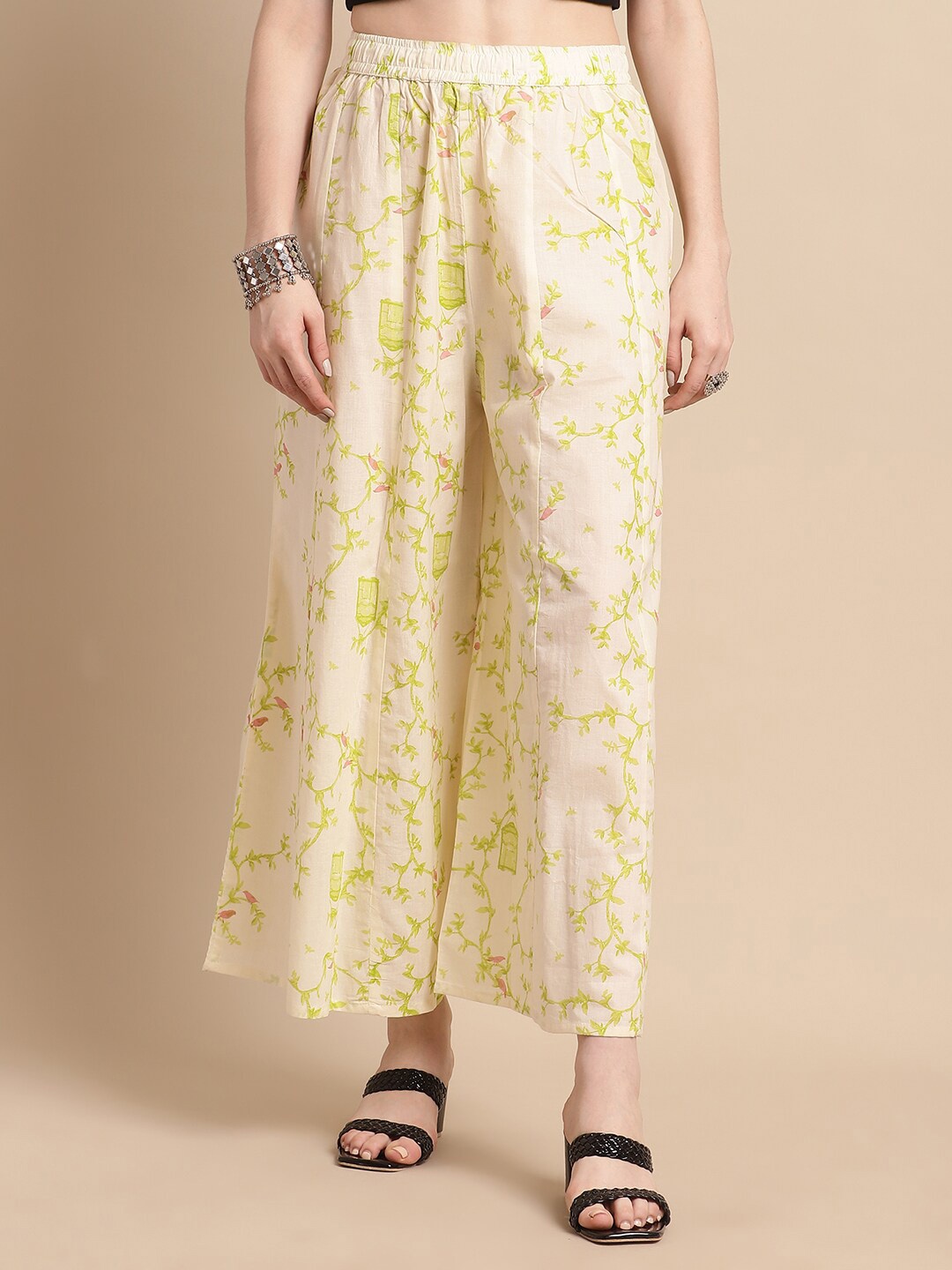 

Pistaa Floral Printed Flared Cotton Palazzos, Lime green