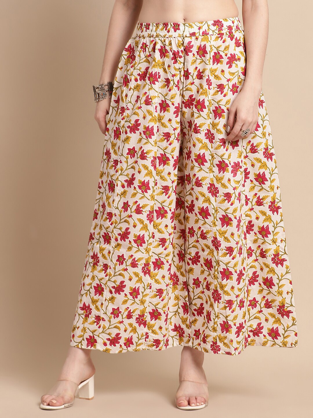 

Pistaa Floral Printed Flared Cotton Palazzos, Cream