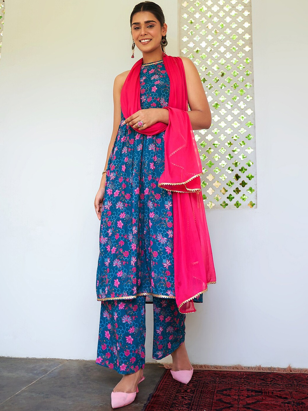 

Janasya Teal Floral Printed Gotta Patti Anarkali Kurta & Palazzos With Dupatta