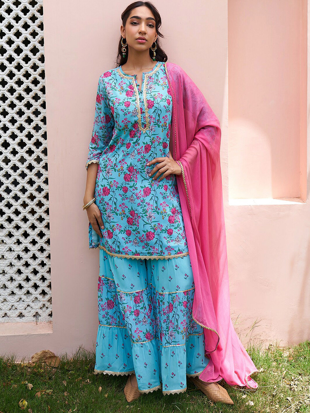 

Janasya Turquoise Blue Floral Printed Gotta Patti Straight Kurta & Sharara With Dupatta