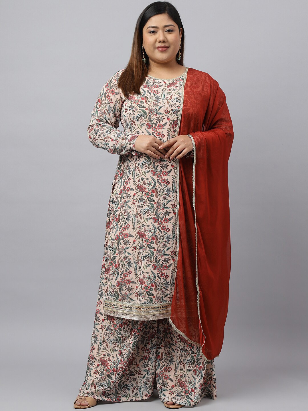 

Janasya Plus Size Floral Printed Gotta Patti Kurta With Palazzos & Dupatta, Beige