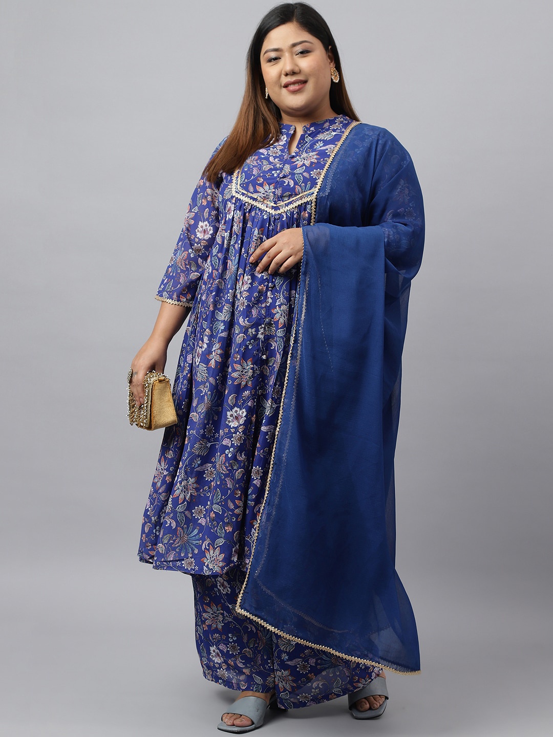 

Janasya Plus Size Floral Printed Gotta Patti Kurta With Palazzos & Dupatta, Blue