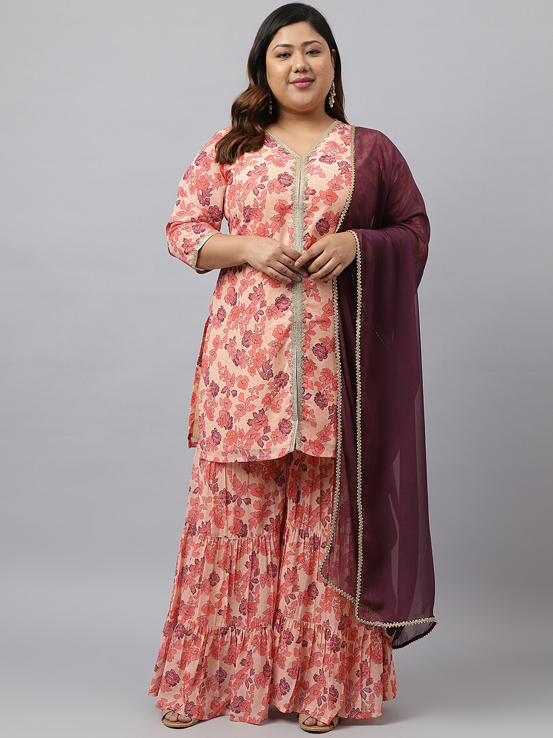 

Janasya Plus Size Floral Printed Gotta Patti Kurta With Sharara & Dupatta, Peach