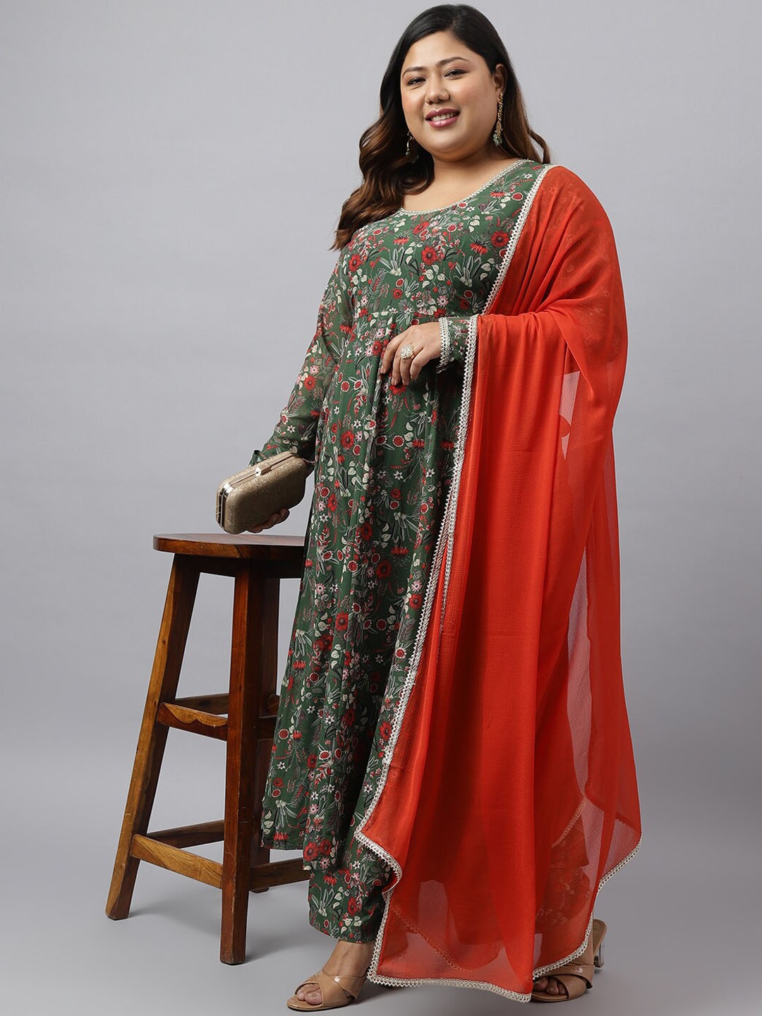 

Janasya Women Plus Size Georgette Kurta with Palazzo & Dupatta, Green