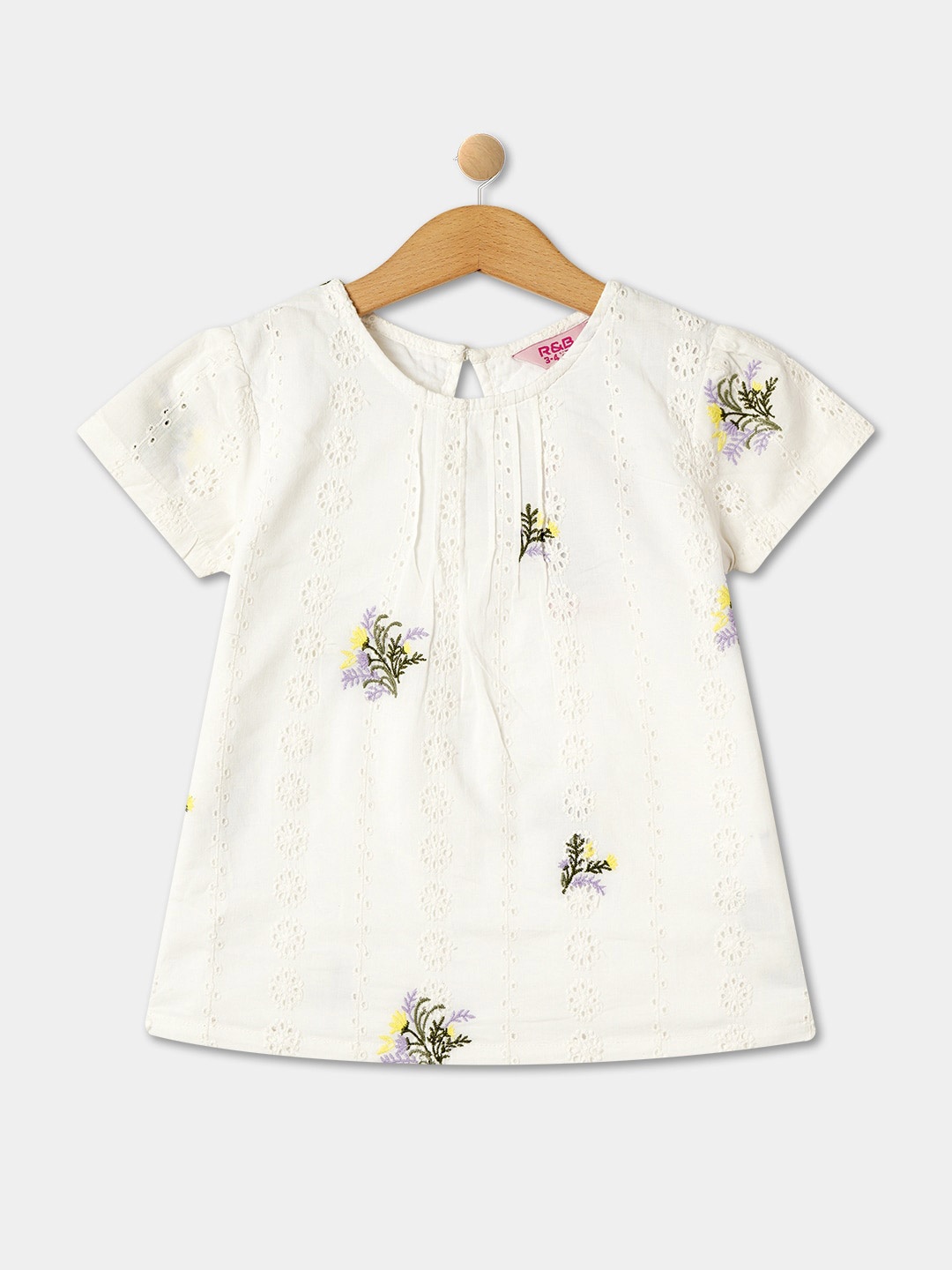 

R&B Girls Floral Embroidered Cotton A-Line Top, White