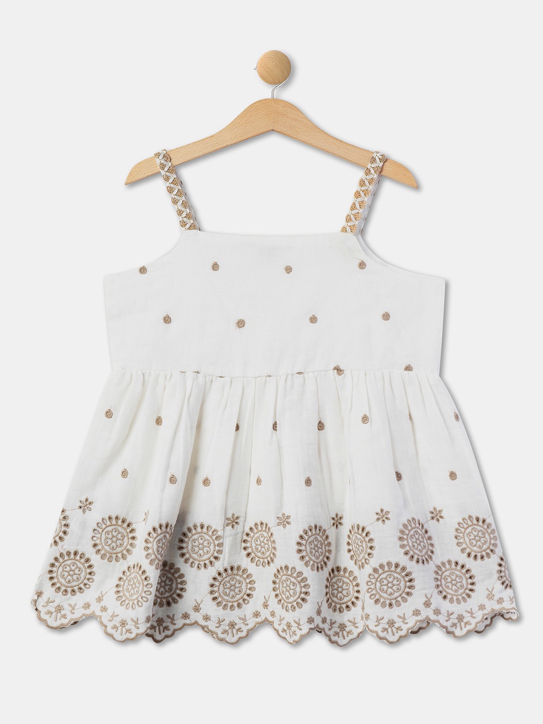 

R&B Girls Floral Embroidered Shoulder Strap Cotton Regular Top, White