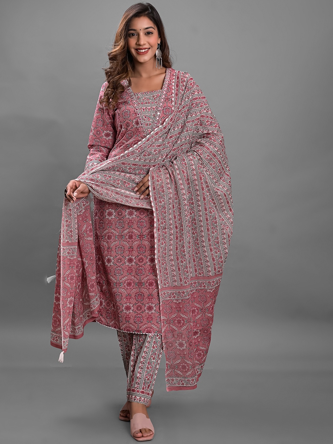 

KASHEEDA Floral Printed Thread Work Pure Cotton Kurta with Trousers & Dupatta, Pink