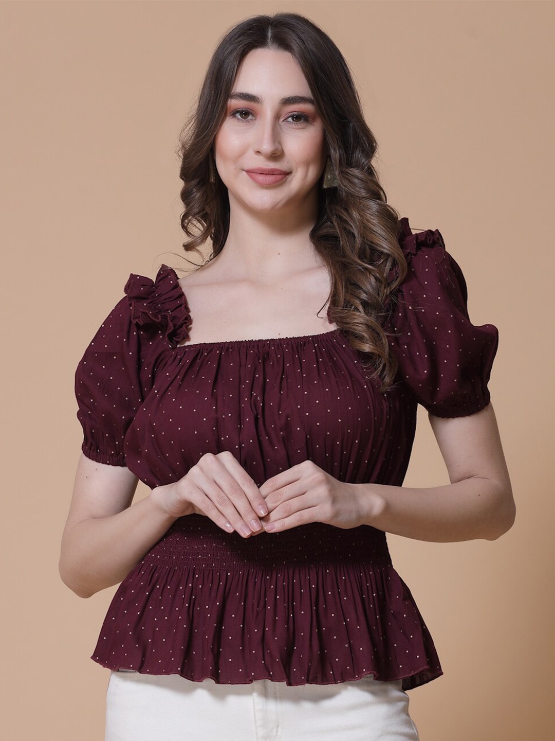 

God Bless Maroon Puff Sleeve Cinched Waist Top