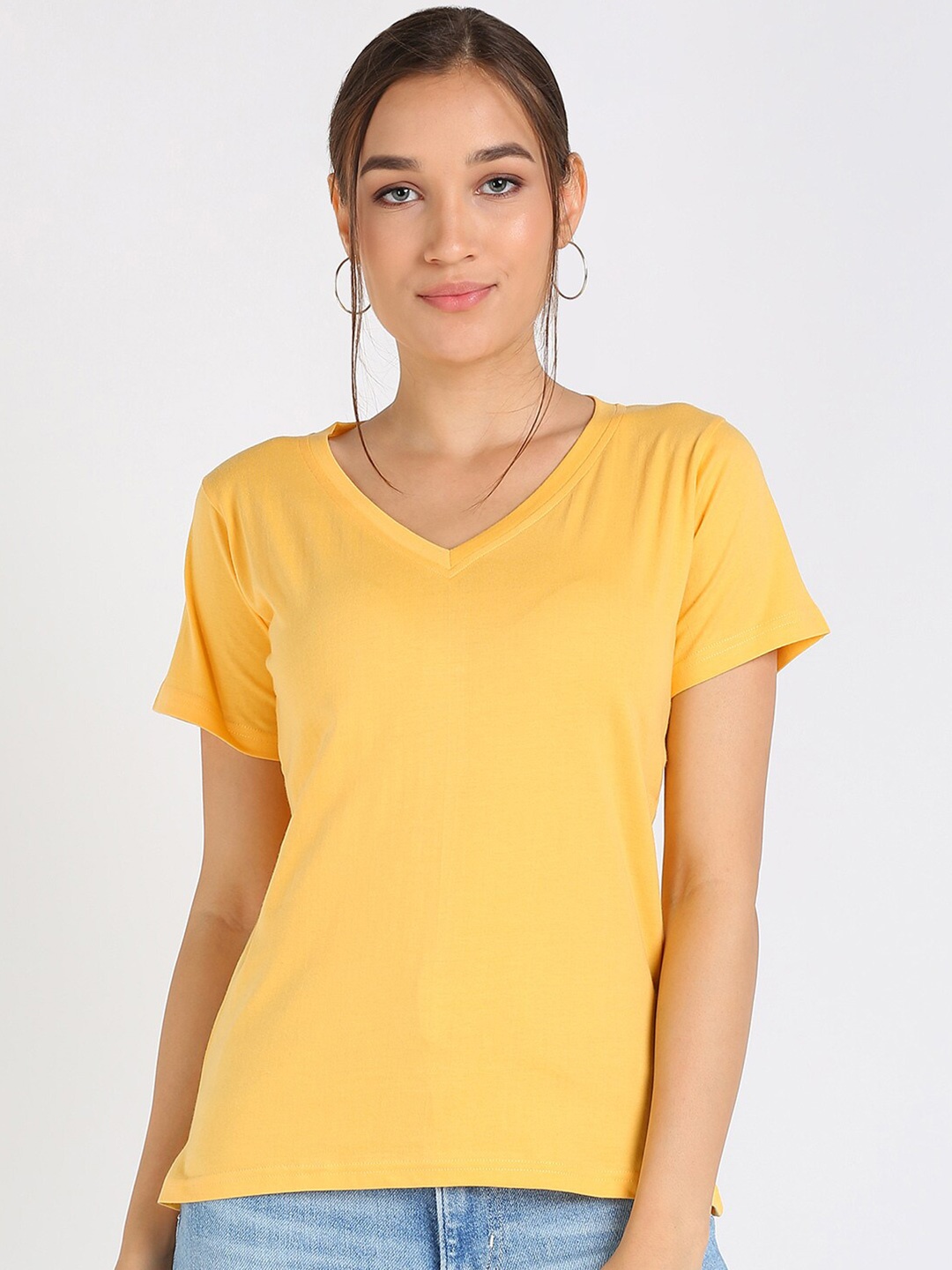 

VAHSON V-Neck Pure Cotton Slim Fit T-shirt, Yellow