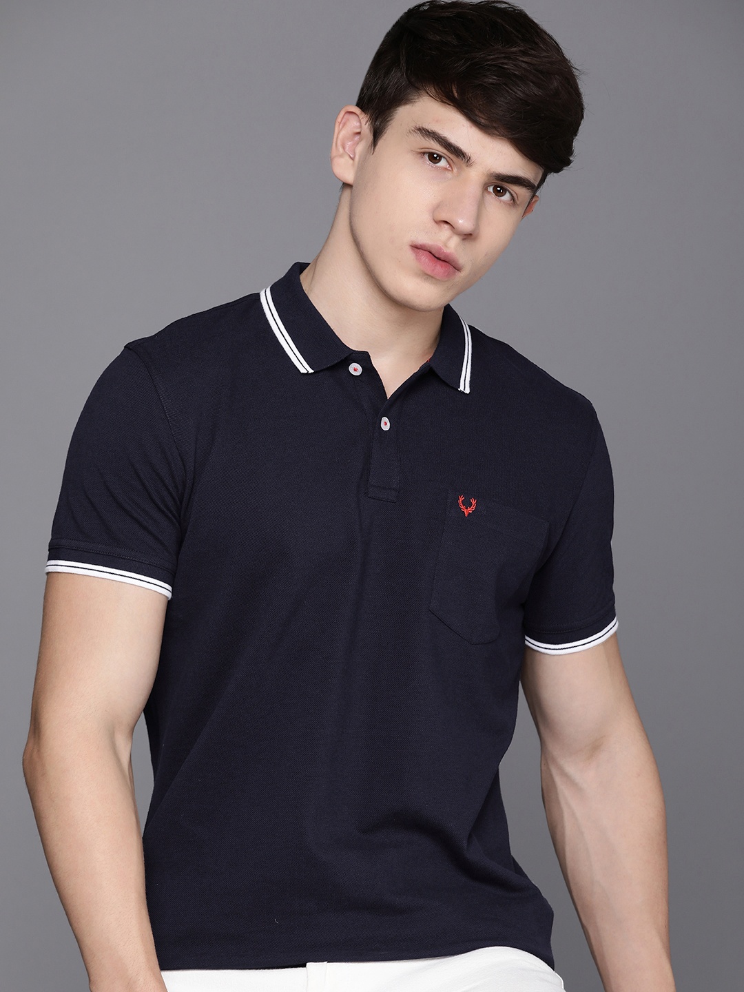 

Allen Solly Solid Polo Collar Cotton T-shirt, Navy blue