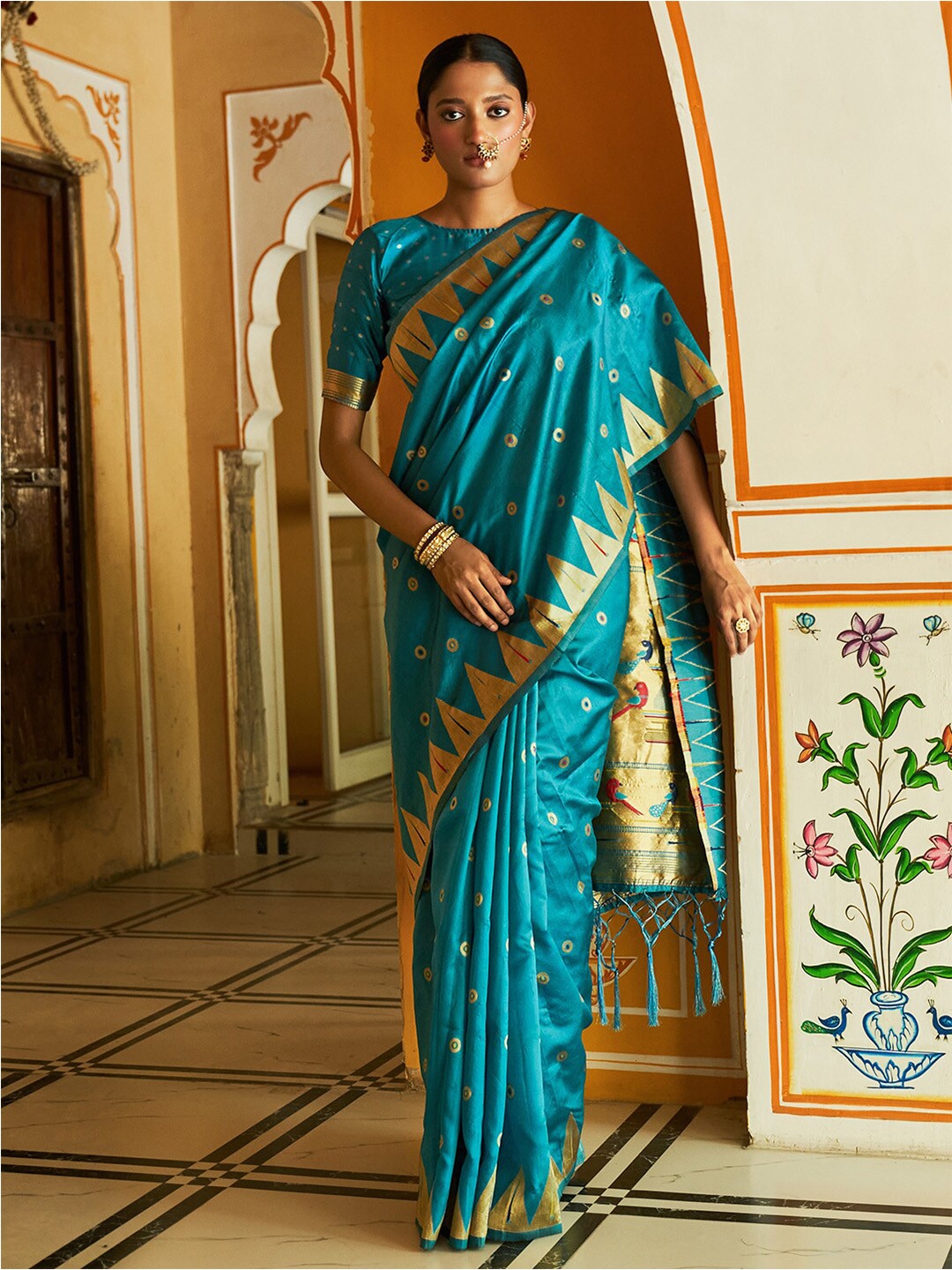 

Janasya Teal & Gold-Toned Ethnic Motifs Woven Design Zari Paithani Saree