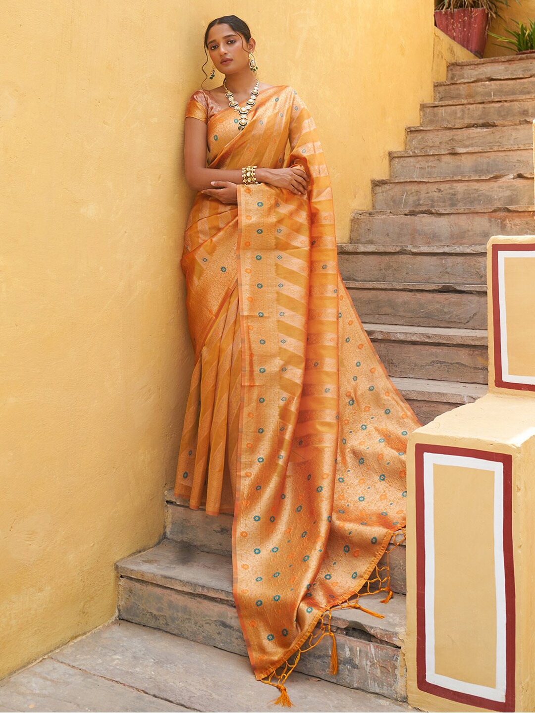 

Janasya Yellow & Gold-Toned Striped Woven Design Zari Organza Kanjeevaram Saree