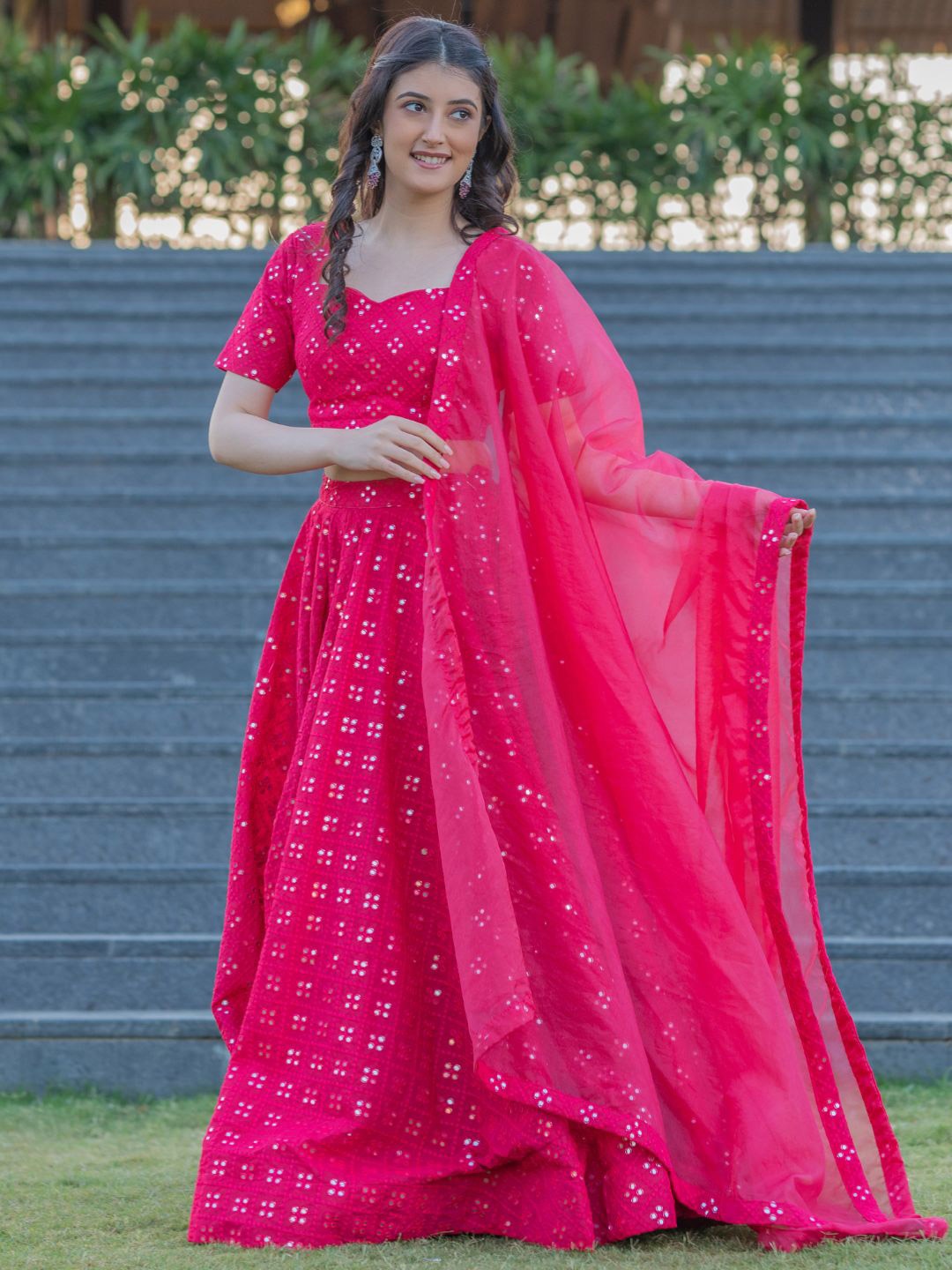 

HOUSE OF JAMOTI Mirror Work Embroidered Ready to Wear Lehenga & Blouse With Dupatta, Pink