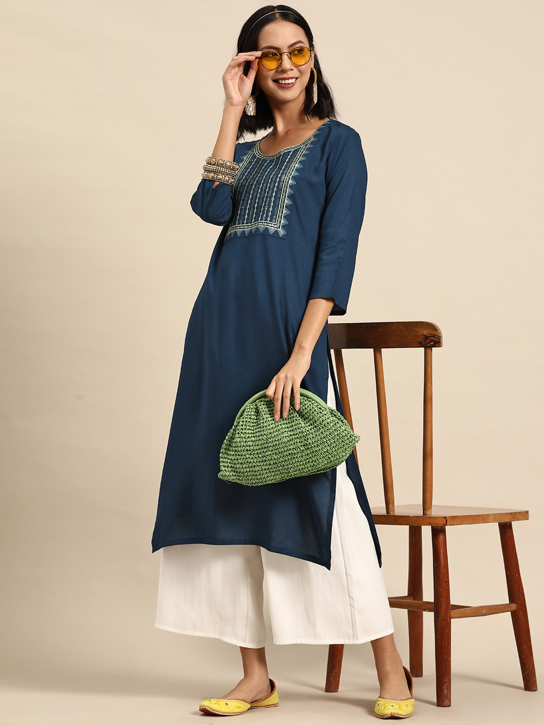 

Sangria Women Yoke Design Sequinned Kurta, Blue
