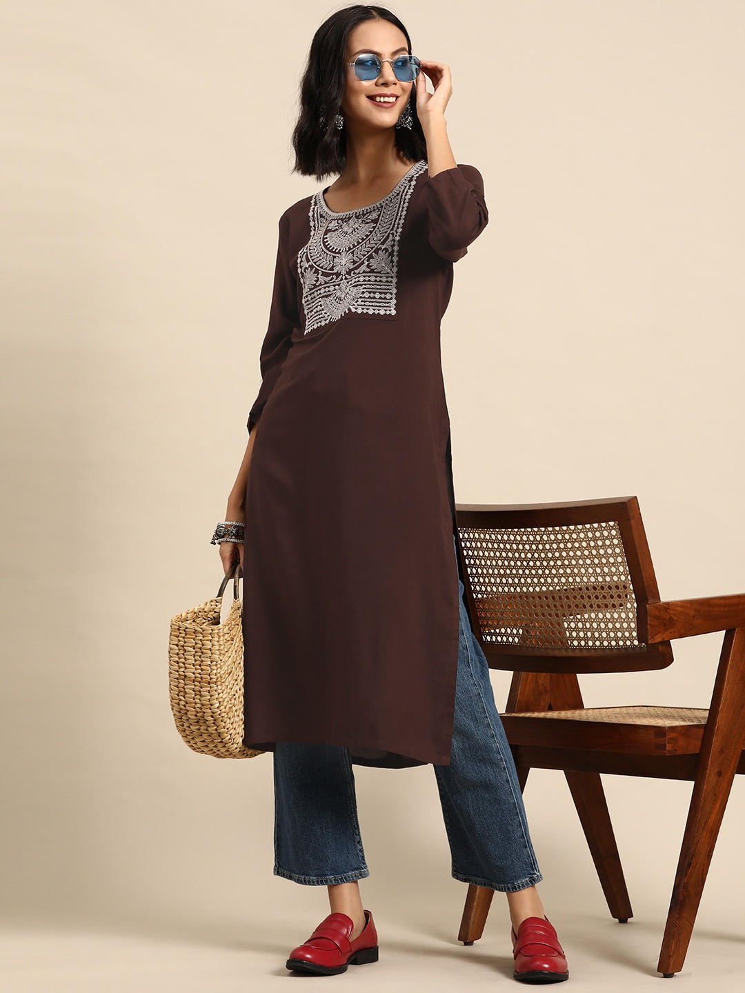 

Sangria Ethnic Motifs Yoke Design Thread Work Fusion Kurta, Brown