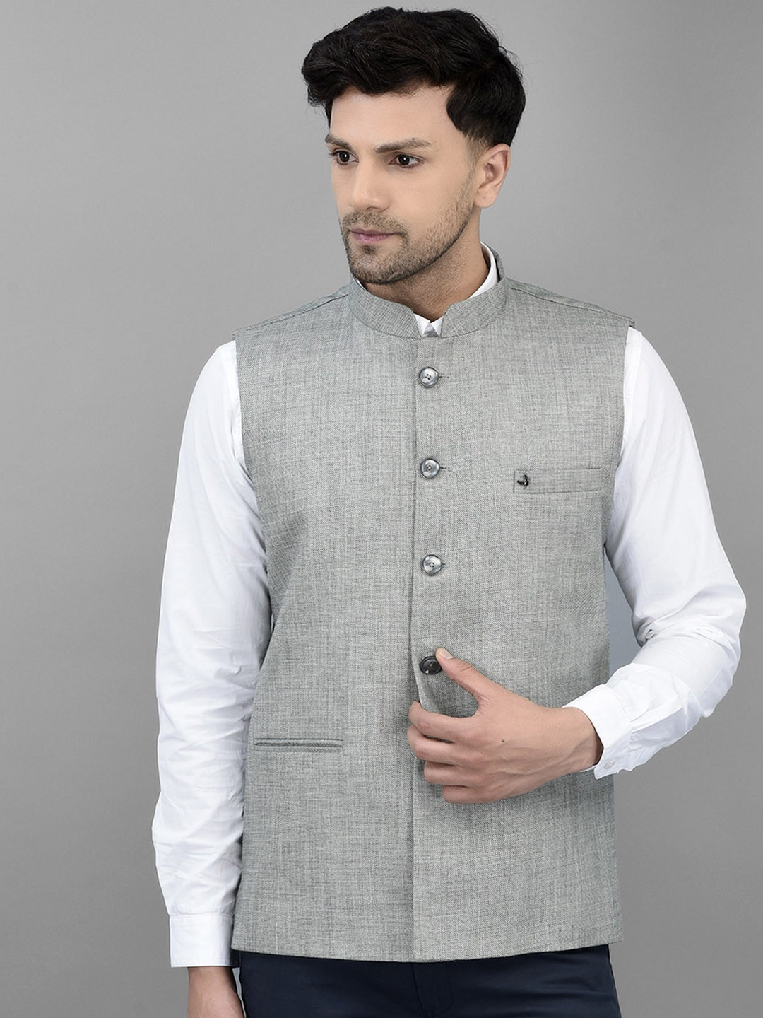 

Canary London Woven Design Sleeveless Nehru Jacket, Grey