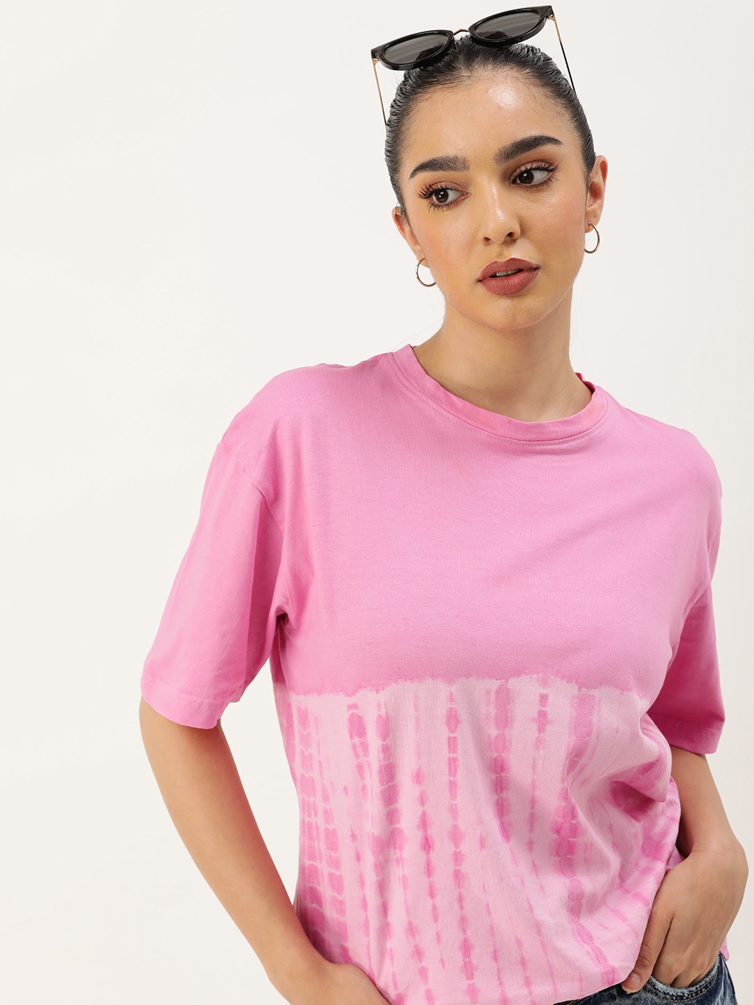 

Kook N Keech Tie & Dye Drop-Shoulder Sleeves Pure Cotton Longline Oversize T-shirt, Pink