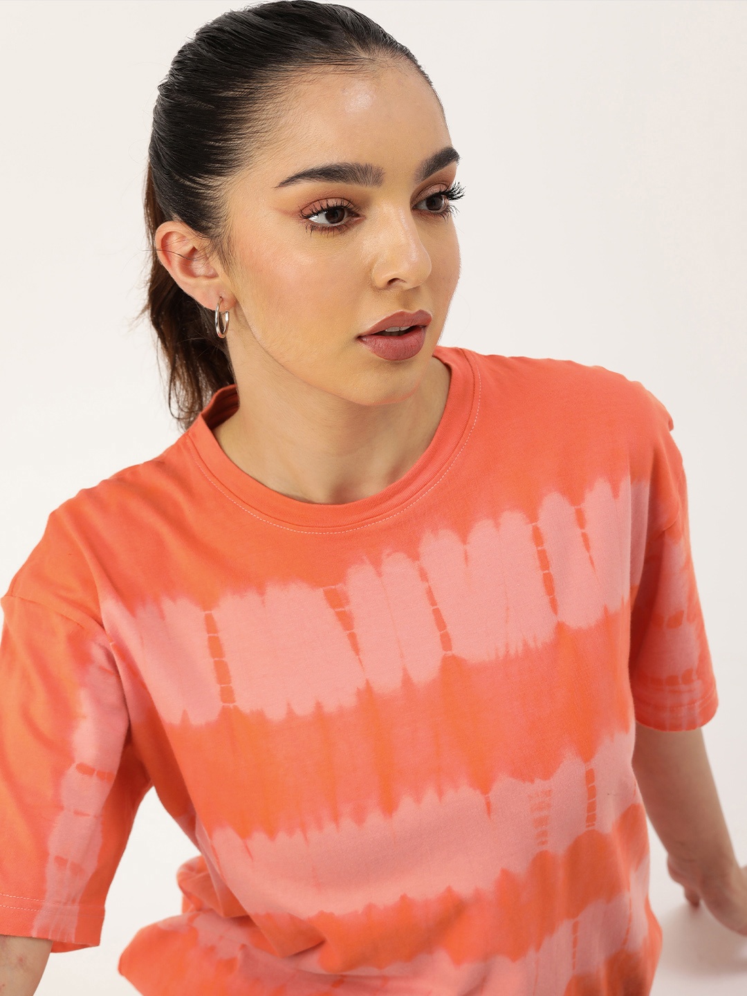 

Kook N Keech Tie & Dye Drop-Shoulder Sleeves Pure Cotton Longline Oversize T-shirt, Peach
