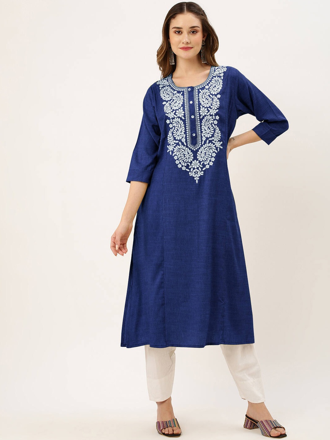 

ZOLA Navy Blue White Chikankari Yoke Design Straight Kurta