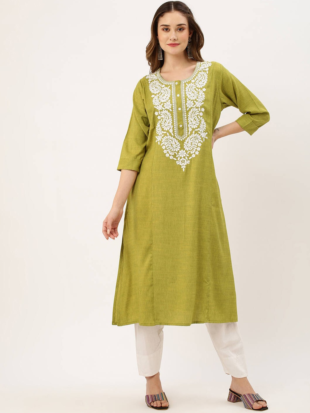 

ZOLA Green Ethnic Motifs Yoke Design Chikankari Straight Kurta