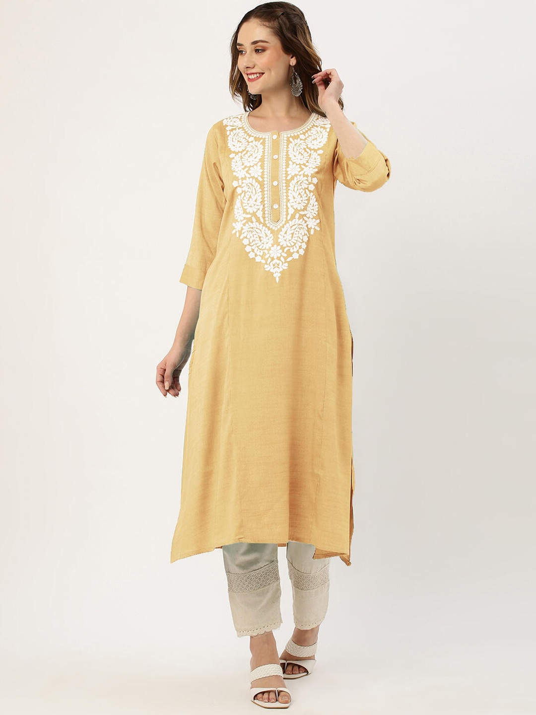 

ZOLA Yellow Ethnic Motifs Yoke Design Chikankari Straight Kurta